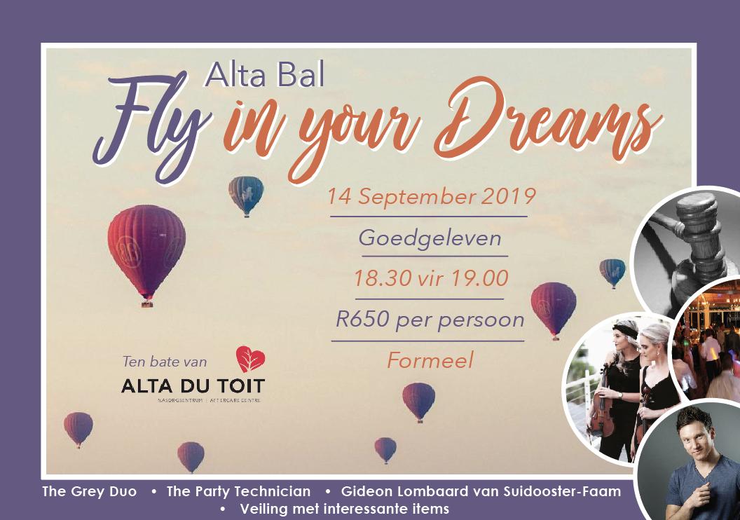 AltaSorg1's tweet photo. Is julle reg vir die Alta Bal!
Kom vlieg in jul drome saam met ons en geniet 'n heerlike aand by Goedgeleven - Wedding & Events venue op die 14de September 2019!
Kaartjies is R650 pp en kan by marina@altadutoit.org bespreek word!
#Altasorg #Bal #Event #Flyinyourdreams #Event https://t.co/A7qzO6Y5jM