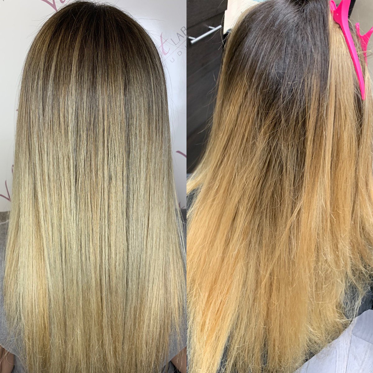 Little side by side of this before and after. Im obsessed with this transformation 😍😍😍 •
•
•
#blonde #ashy #balayage #ombrehair #hair #longhair #straighthair #blendedhair #babylights #highlights #blonde #blondehair #blondie #platinumblonde #platinumhair #hairgoals #amika