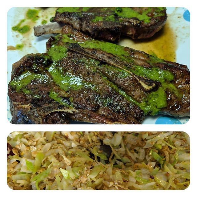 CBVJN's tweet image. Pan seared lamb chops with cilantro chutney drizzle and cabbage stir fry! #CookingExperiments #Pixel3