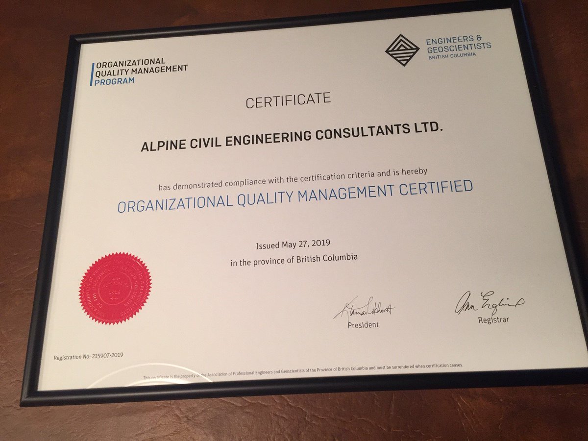 alpine_engineer's tweet photo. Thrilled to be officially recognized and certified in @EngGeoBC's Organizational Quality Management program.  Improved our processes, aligned best practices, and helped us be our very best.  Get on board with this exceptional program now. https://t.co/uhTpcVJsUi