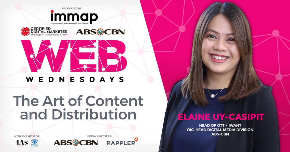 Dmap_PH's tweet image. #FreeWebinar: Elaine Uy-Casipit , the current head of OTT and iWant OIC-Head of ABS-CBN's Digital Media Division, will show best practices and success stories of top content creation and distribution experts. #WebWednesdays #immapPH 

REGISTER NOW: bit.ly/IMMAPFreeWebin…