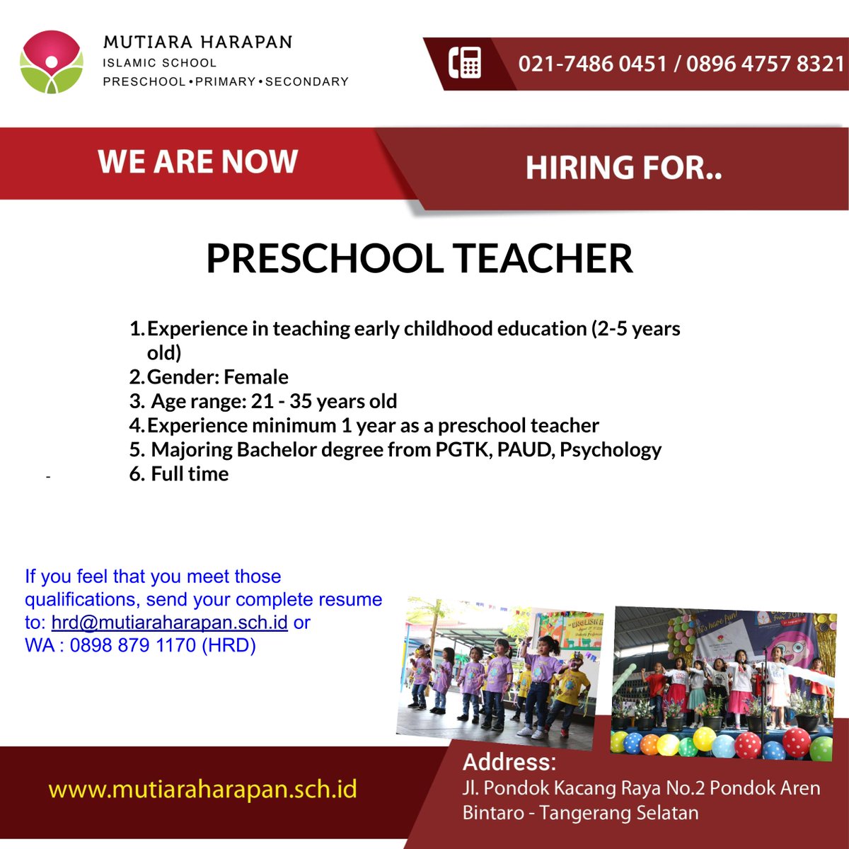 Lowongan Kerja Preschool Teacher and Counselor Teacher Mutiara Harapan Islamic School