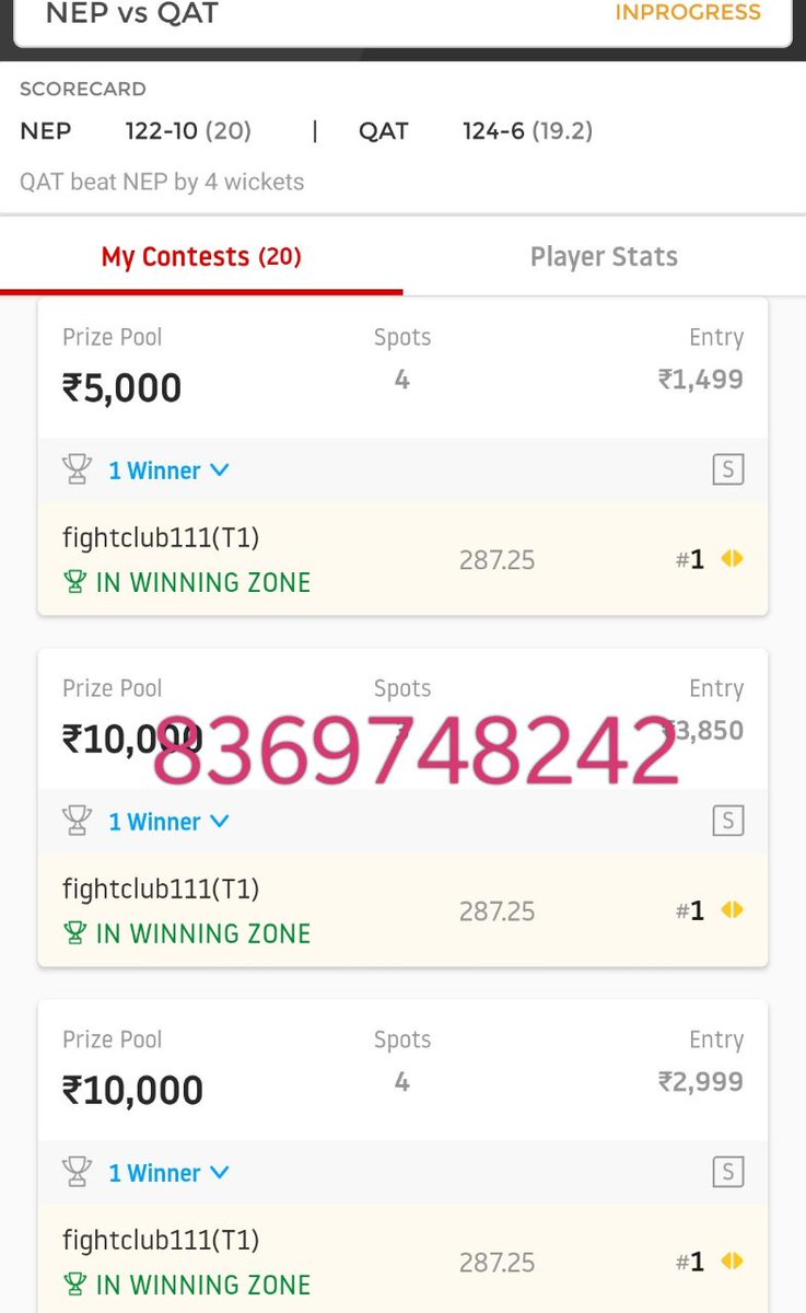Fantasy11army's tweet photo. So here's the winnings  and ther r more to come.  
#NEPvsQAT  #T20  #Dream11  
I'm sure even you guys want to win and make some money. 
If yes then what r u waiting for?. 
Hit that link ⬇
FIGHTCLUB DREAM11
This is a channel of FIGHTCLUB. 
https://t.co/2uykv3PvNF https://t.co/j54Ebtgwoz