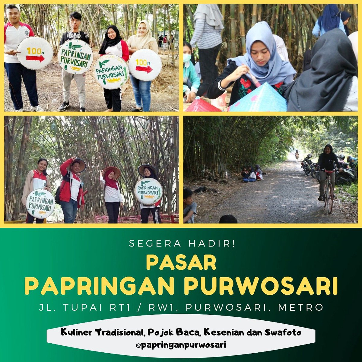 LailatunNimah16's tweet photo. Coming soon!! Pasar papringan di lampung😁
#papringanpurwosari 
#papringankotametro
#pasarpapringan 
#papringanlampung
#genpi
#genpilampung
#seputarkotametrolampung 
#kotametro
#pasardigital 
#pesonaindonesia 
#kemenpar 
#wisatalampung https://t.co/p3jIQpAn0q