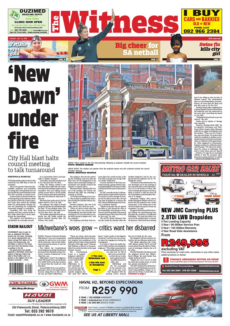 WitnessKZN's tweet photo. In The Witness today: Swine flu kills Deccan Road pupil | City Hall explosion halts council meeting | Mosque case 'kingpin' wanted Woolies Bitcoins  | Arrested cop fears for his life | Crowds swoop in to grab beer when truck loses load. https://t.co/hZfp9xAlxW