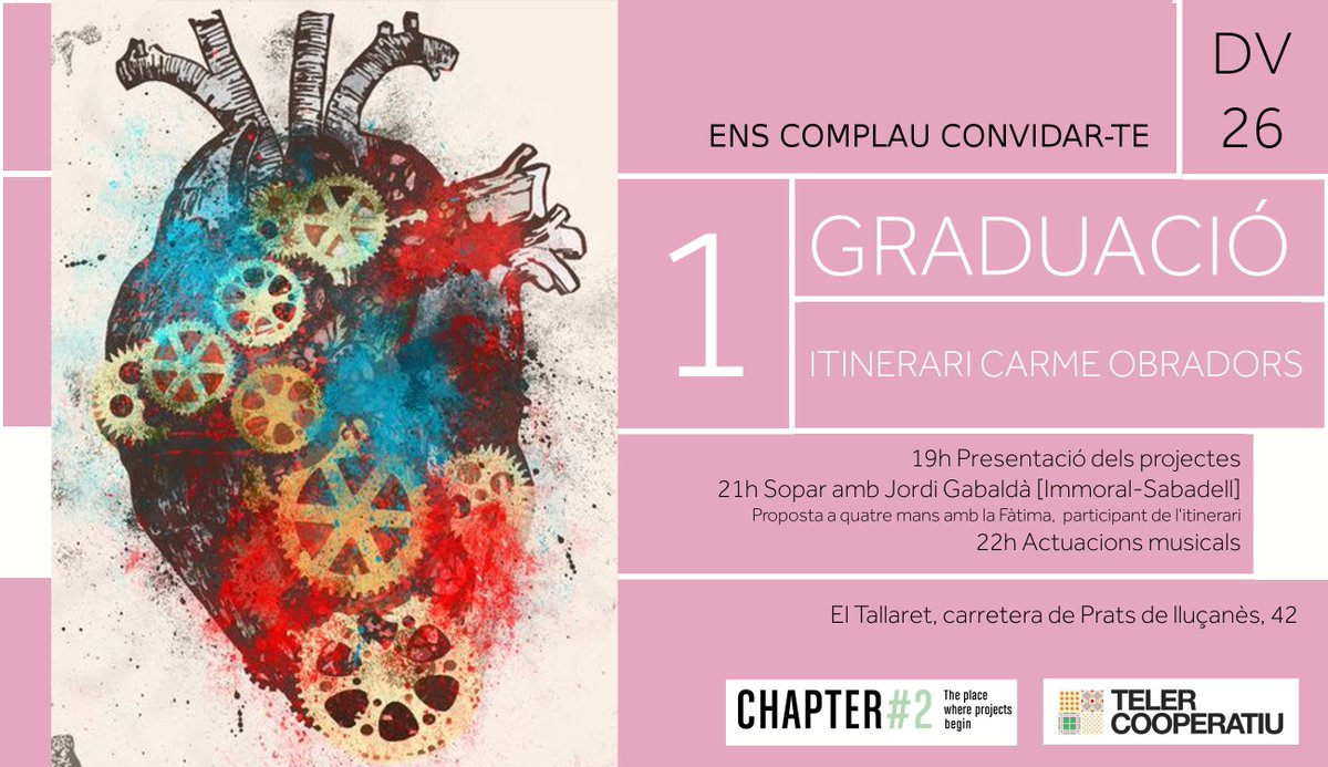 [FIL] ⬇️⬇️⬇️ 

Benvolgudes companyes de viatge, 
ens plau convidar-vos al sopar de la comunitat del Teler cooperatiu, graduació de l'itinerari Carme Obradors i celebració de l'Economia social i solidària #ESS

itineraricarmeobradors.com