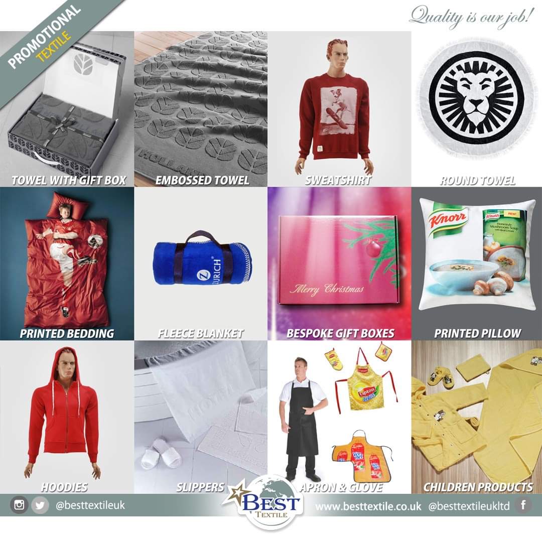 Customised Textile Products
Promotion &amp; Retail &amp; Hotel &amp; Home
besttextile.co.uk
#besttextileuk #unitedkingdom #liverpool #promotion #textiles #bathrobes #towels #hoodies #tshirt #bedsets #compresstowels #turkishpeshtemal #underwears #sports #nightdress #pyjamas #pillow