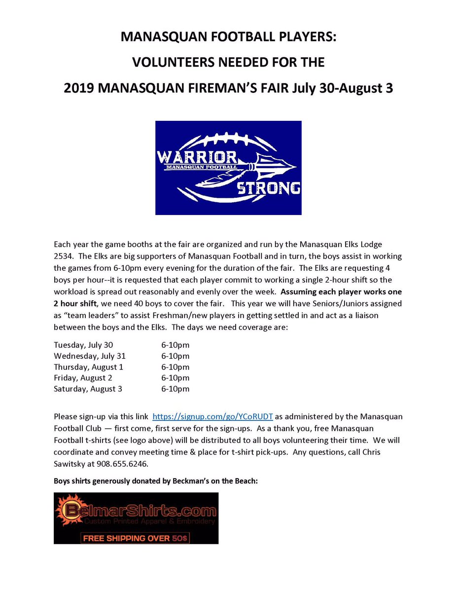 ManasquanFC's tweet photo. REMINDER FOOTBALL PLAYERS: Manasquan Fireman's Fair 2019 begins 1 week from today, Tuesday, July 30th. We still have open slots to fill—sign up via this link. ( https://t.co/DAeRZqCuFl ) See below for additional information. https://t.co/L2mNQp90L8