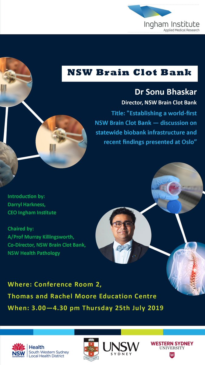 DrSonuBhaskar's tweet photo. Come and join me this Thurs/3PM at @livhosp to discuss all things #NSWBrainClotBank, #stroke, #biobanking and findings presented at EAN Oslo 2019.🧠
Chaired by A/Prof Murray Killingsworth with an intro by Darryl Harkness, CEO, @InghamInstitute.
@NSWHBiobank @NSWHPathology @SWSLHD https://t.co/BvaMfJDLNX