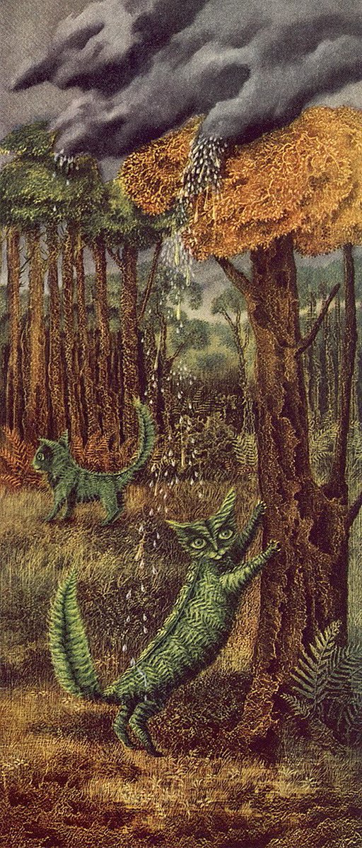 I adore this: Remedios Varo's "The Fern Cat." Also a photo of the artist herself.I just read that a recently concluded exhibition of her paintings at Mexico City's Museo de Arte Moderno was called "Adictos a Remedios Varo." So easy to see why. What enthralling worlds she made.