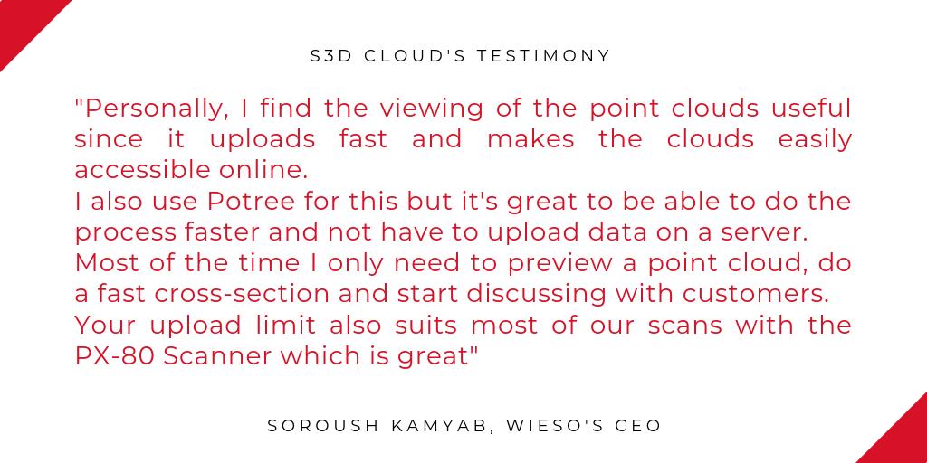 Levels3D's tweet photo. Soroush Kamyab, CEO of WIESO and user of S3D Cloud give us the testimony of the web application. If you also use it, we will be delighted to hear your testimonials.
 
Start your free trial period:
https://t.co/OZIyVBPNgI

 #3Dmodelisation #pointclouds #3DScanning https://t.co/ODoPmkUdBl