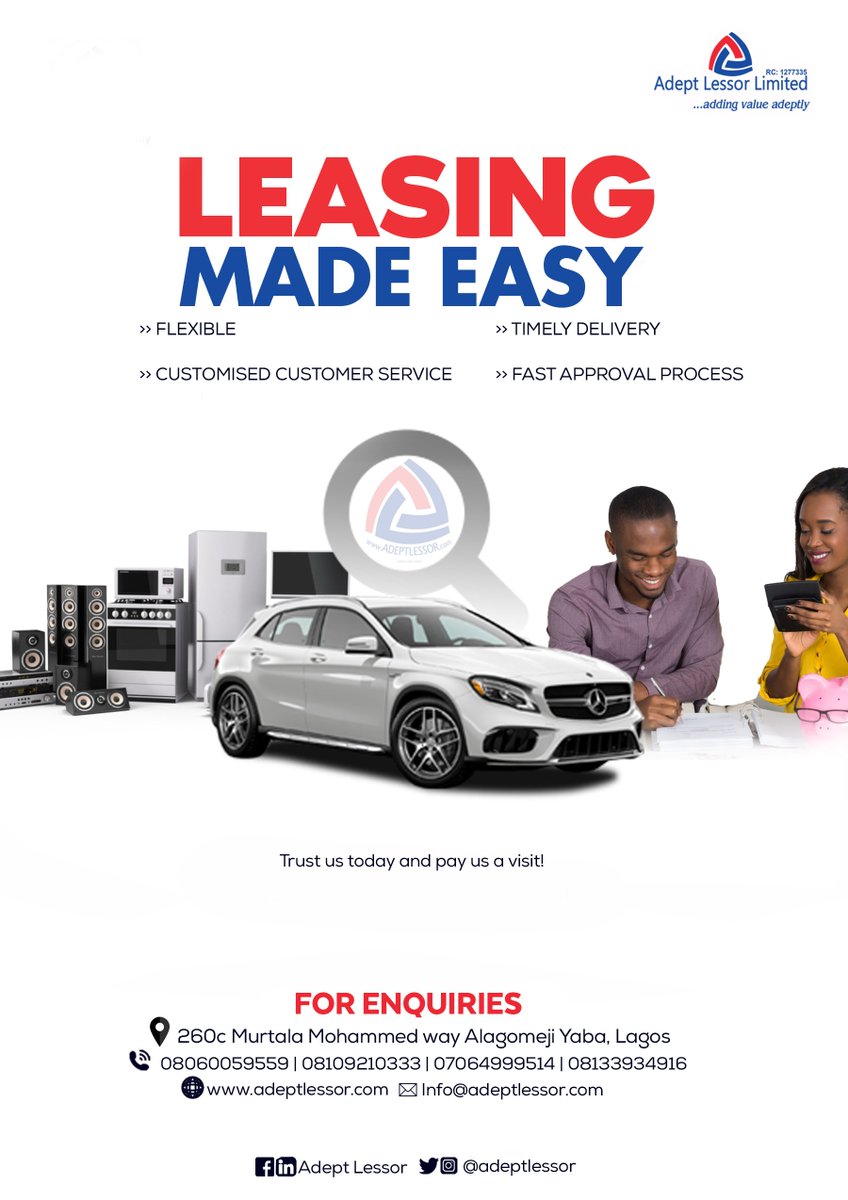 adeptlessor_'s tweet photo. WE'VE GOT YOU COVERED!!!
ITS JUST A CALL AWAY.
#adeptlessor #equipmentleasing #vehicleleasing #financialfreedom #leasing #leasingcompany #leasingcompaniesinlagos https://t.co/RgrNqqRLJ8