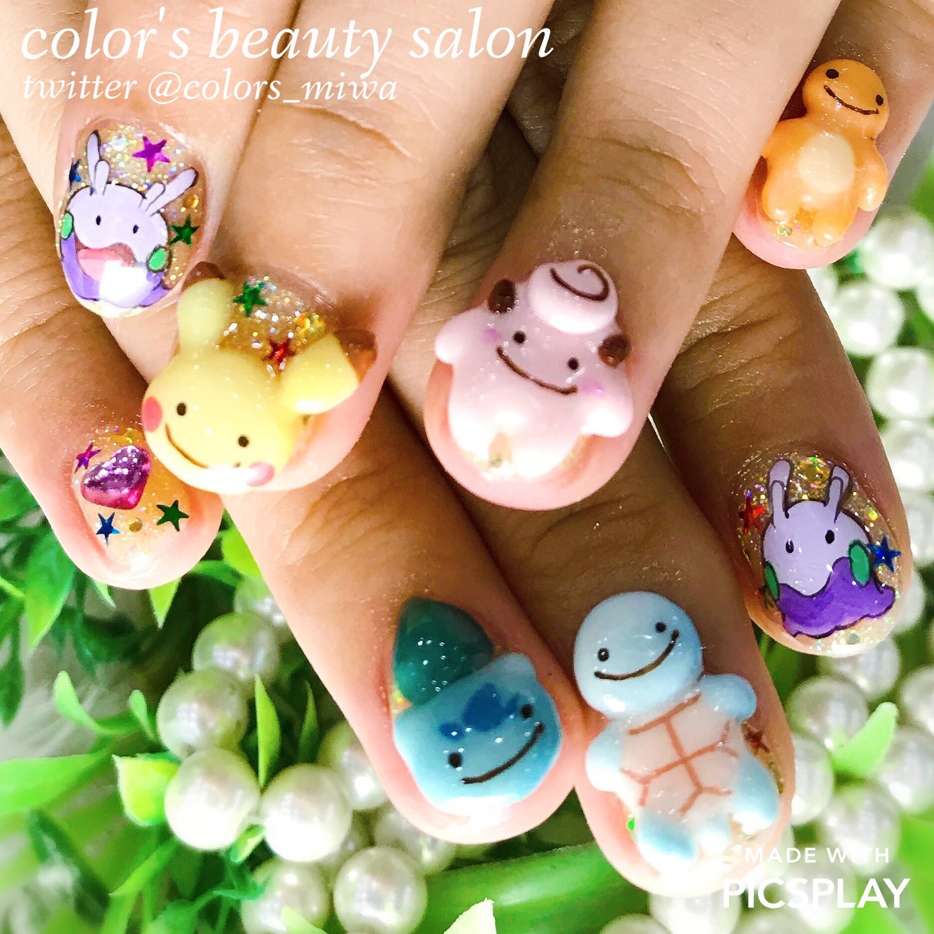 Color Sタカハシミワ Twitterren お客様オーダー ポケモン へんしんメタモンピカチュウ ピッピ ヒトカゲ ゼニガメ フシギダネ3dもりもりネイルに ヌメラ ピカチュウ イーブイはフラットアートで ゆるかわ痛ネイルでめちゃくちゃかわいいです 痛