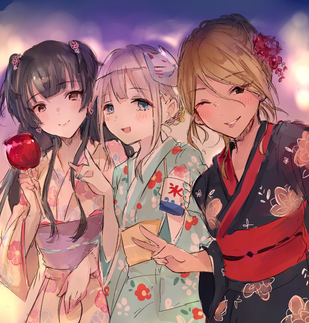 izumi mei ,mayuzumi fuyuko ,serizawa asahi 3girls multiple girls japanese clothes kimono food smile mask  illustration images