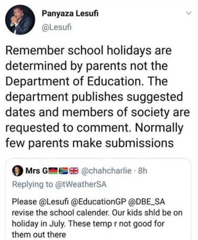 gyef_za's tweet photo. Did you know you can help the Department of Basic Education decide on the school holidays for the learners?
To make submissions on the proposed dates for the year 2021, you can follow this link https://t.co/MaAx7Ewlrh
"Each one,Teach one", Thank you MEC @Lesufi
#GYEF2019
#GYEF https://t.co/KtD6fxHNLr