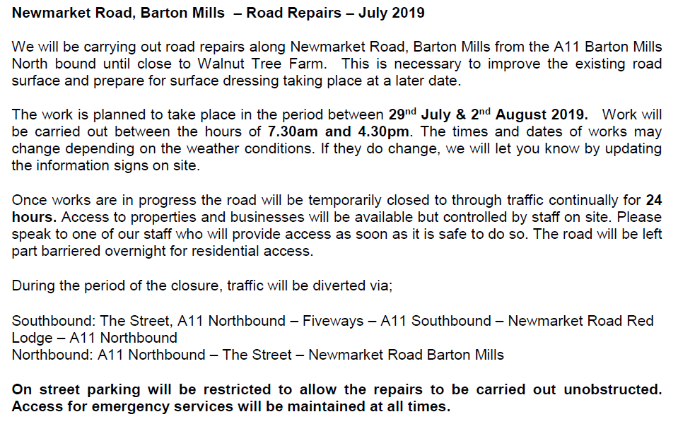 Suff_highways's tweet photo. Road repairs will be taking place along Newmarket Road, #BartonMills between 29 July and 2 August, from 7.30am until 4.30pm. Please see below for full details of the works. #SuffolkRepairs https://t.co/gdZcaApaOV