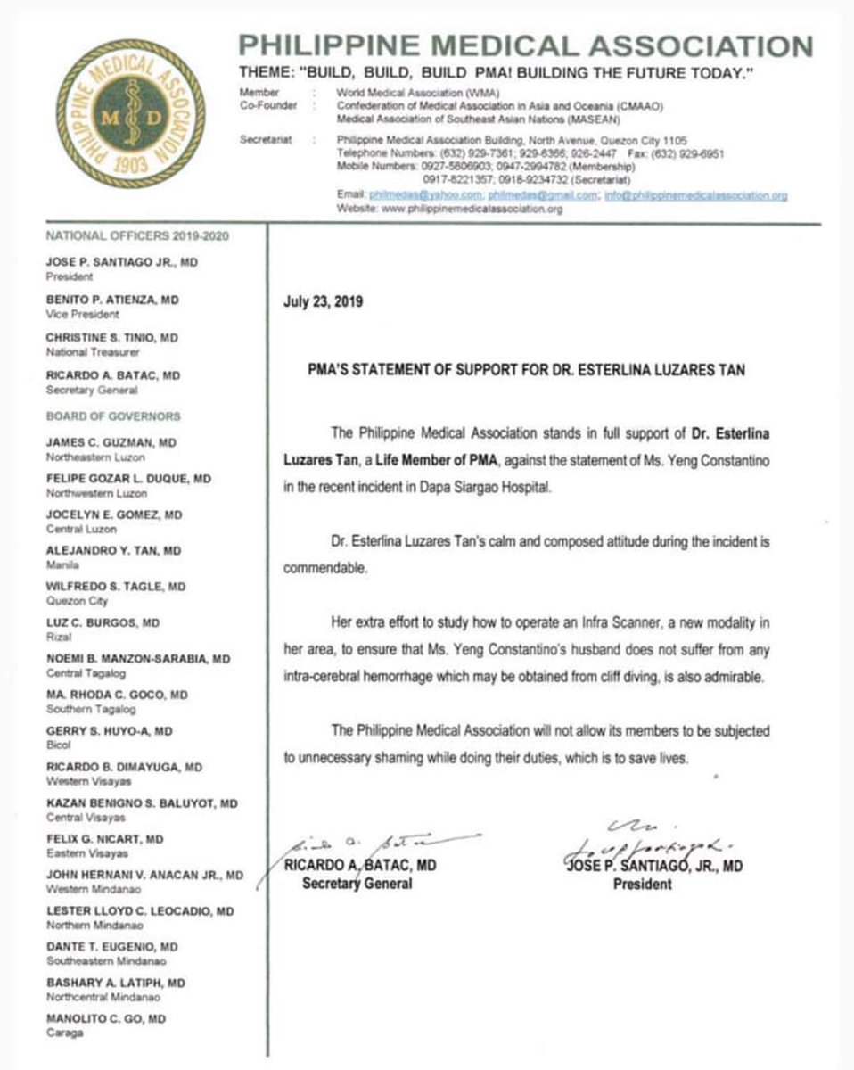mjfelipe's tweet photo. JUST IN: The Philippine Medical Association releases a statement showing support for Dr. Esterlina Tan, who was identified in a vlog posted by singer Yeng Constantino, following an incident in Siargao involving Constatino's husband. PMA has verified the legitimacy of this memo. https://t.co/abS9b9l81s