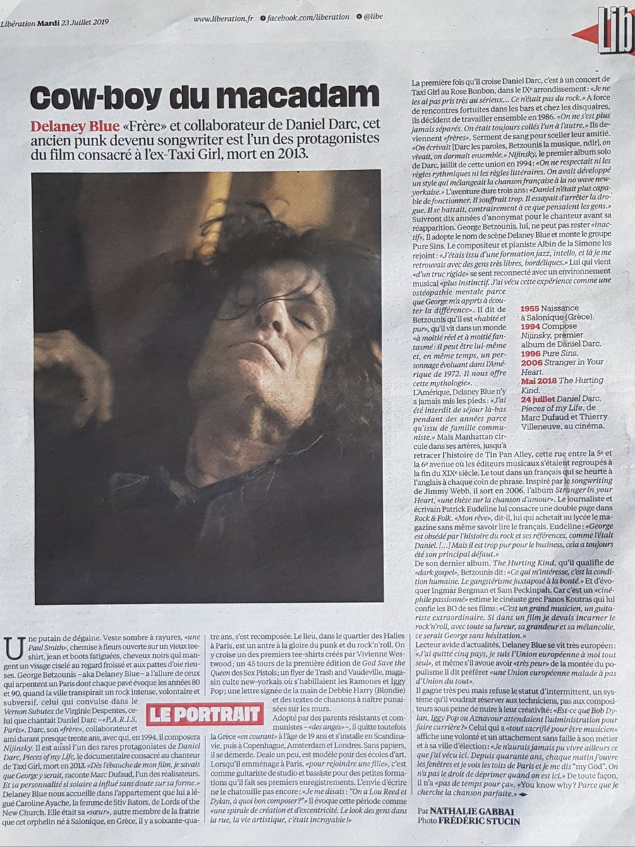 Portrait de Delaney Blue par Nathalie Gabbai, photo de Frédéric Sucin, Libération 23 juillet 2019 #delaneyblue #delaneyblueofficial #delaneybluemusic #danieldarc #marcdufaud #piecesofmylife @libe