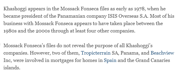 Khashoggi appears in the Mossack Fonseca files as early as 1978, when he became president of the Panamanian company ISIS Overseas S.A.  #OpDeathEaters