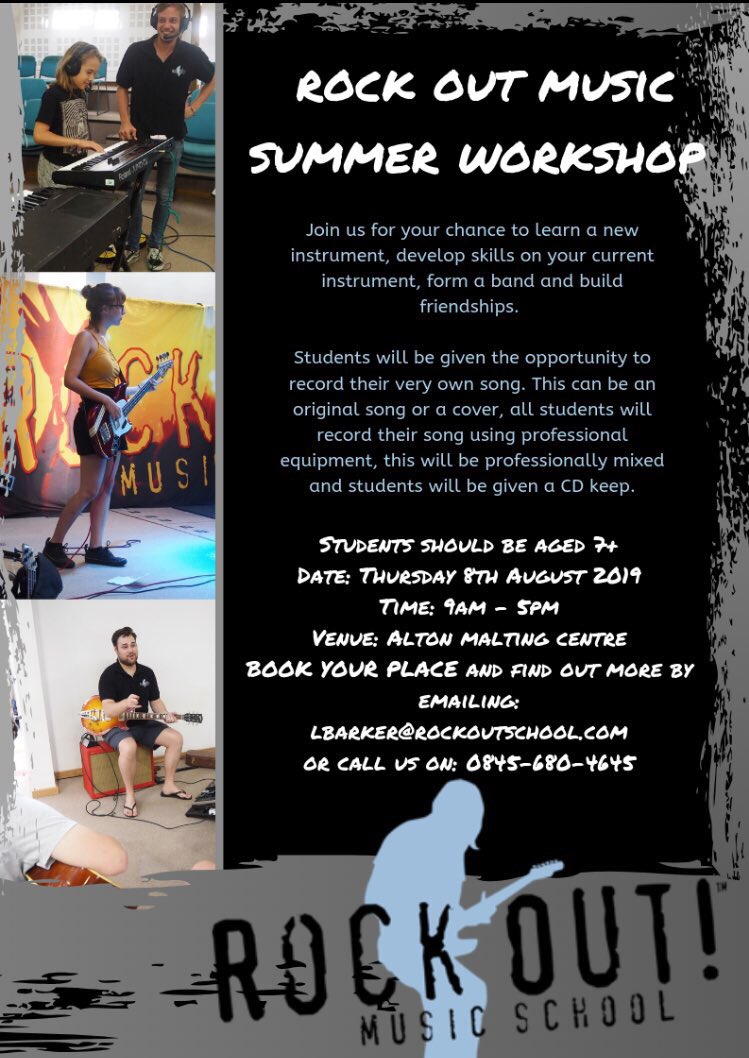RockOutSchool's tweet photo. Hey @AlresfordMarket We are running a RockOut summer workshop day Thursday 8th August in Alton, Hampshire! Click below to find out more info and contact us to book your place! 🎸🎤🎼 https://t.co/6bK6qtwyC8