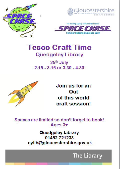 Quedgeley Library are having a craft event this Thursday 25th July, 2.15pm - 3.15pm or 3.30pm - 4.30pm.  Its going to be out of this world!  🌎   #SpaceForReading    #SummerReadingChallenge