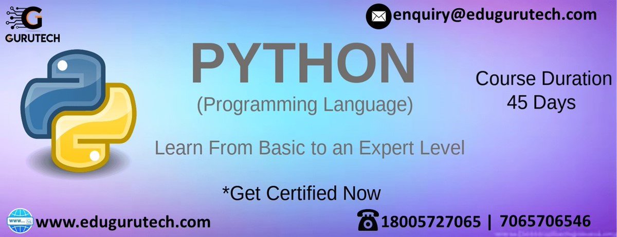 gurutechnoida's tweet image. Get trained by working professionals. HURRY UP! Limited seats...
Core Python
Advance Python
Django Python
Contact Number 1800 582 7065 / 7065 7065 46
#Pythontraining #CorePythontraining #AdvancePythontraining #DjangoPythontraining #AnacondaPythontraining