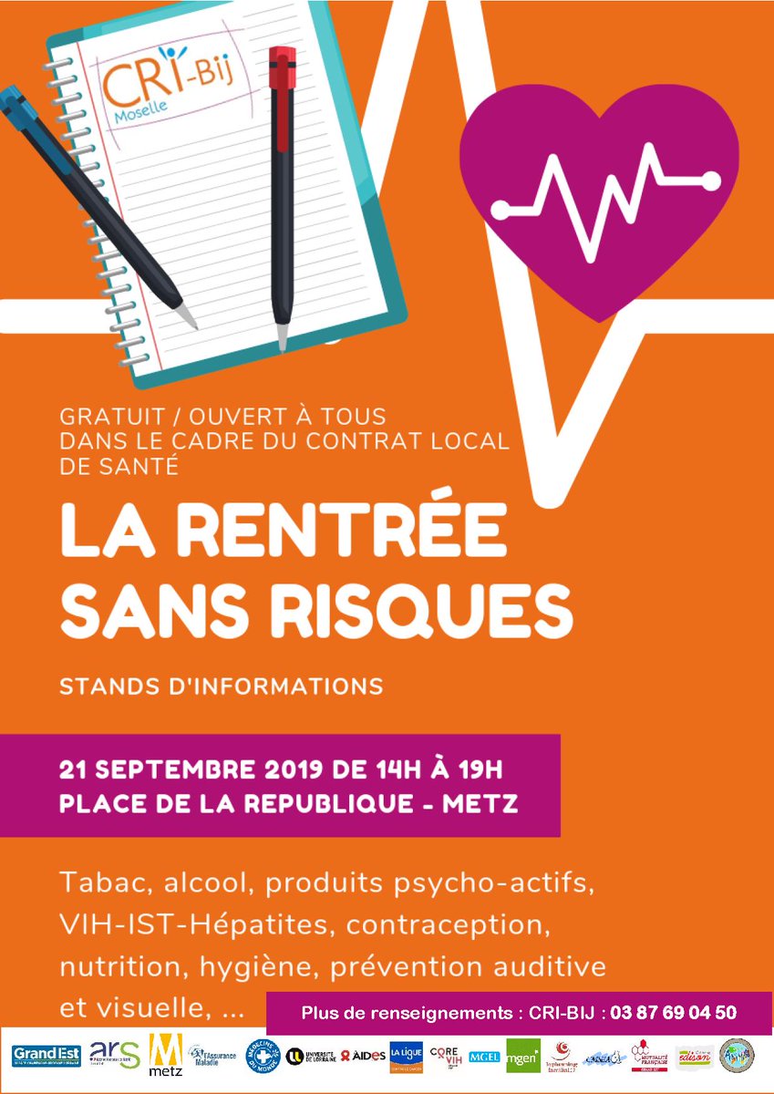👄🍸🚬 21.09 à #Metz : journée d’animation et de prévention à destination des jeunes intitulée #LaRentréeSansRisques ! Organisé par #CRIBIJ <a href="/MFGrandEst/">MutualitéF.Grand Est</a> <a href="/MdM_France/">Médecins du Monde</a> @MairiedeMetz <a href="/regiongrandest/">Région Grand Est</a> <a href="/ars_grand_est/">ARS Grand Est</a> @LaMGEL @groupe_mgen <a href="/Univ_Lorraine/">Lorraine</a> <a href="/leplanning/">Le Planning familial</a> &amp; partenaires locaux