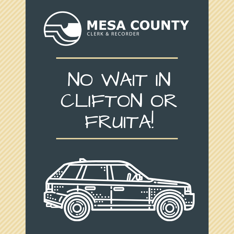 NO WAIT at the #Clifton and #Fruita Motor Vehicle office this morning!
Clifton: 3225 I-70 Business Loop, Unit A2, Clifton
Fruita: 325 E. Aspen Ave., Fruita
#MCClerk #MCGovt