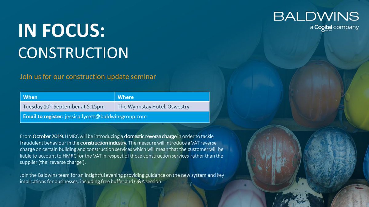 Jessica96388's tweet photo. CALLING ALL IN #CONSTRUCTION - find out more about the Reverse VAT Charge to be introduced this October at @baldwinsandco Free Seminars on 10th September in #Oswestry at The Wynnstay Hotel. Sign up here: https://t.co/EUABQpyAeg

#Welshpool #Shrewsbury #Wrexham https://t.co/atLMUXHvD3