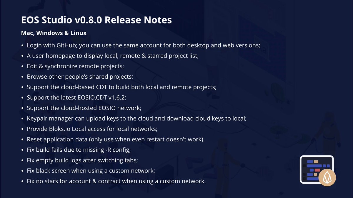 obsidian_labs's tweet image. #EOSStudio updated to v0.8.0 for Mac, Win &amp;amp; Linux! 

We implemented cloud-based CDT, cloud-hosted network and other web-side features on the desktop and automatically synchronized with #EOSStudioWeb!

No more cumbersome installation and start building smart contracts IMMEDIATELY!