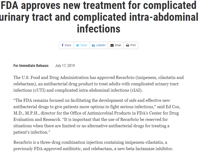 #OTILT #IDGEEKS "The FDA has approved Recarbrio (imipenem, cilastatin and relebactam) ... to treat adults with complicated urinary tract infections (cUTI) and complicated intra-abdominal infections (cIAI)."