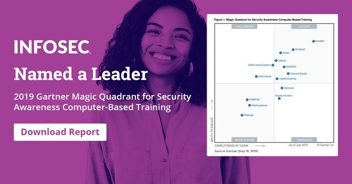 InfosecEdu's tweet photo. A Leader at last! Download the 2019 MQ for Security Awareness CBT and learn why Gartner named Infosec a Leader. https://t.co/RP03UpuqCa https://t.co/Aecf2TxWU1