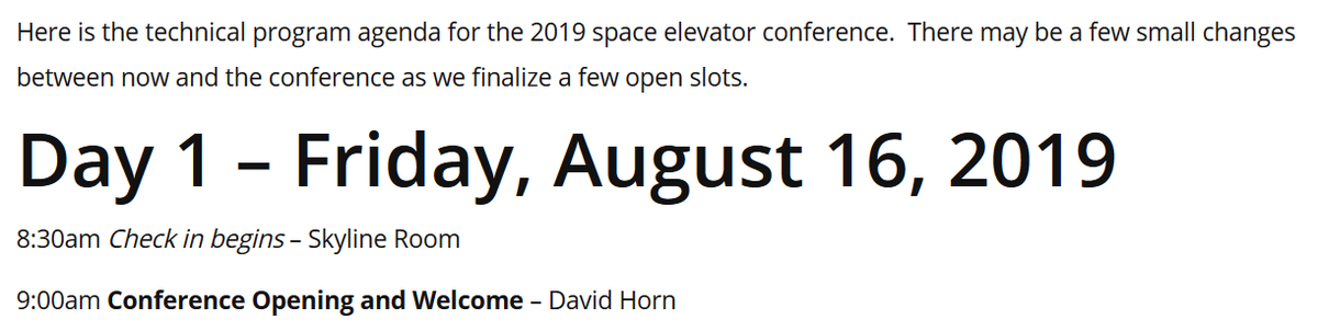 ISECdotORG's tweet photo. The 3-day technical program agenda for the #ISEC2019 #SpaceElevator conference is now published, with details of 13 talks (+ more TBA), 3 workshops, breakout and shotgun-science sessions, and much more : https://t.co/9UYw1tWZCX https://t.co/hgAZdsNWkb