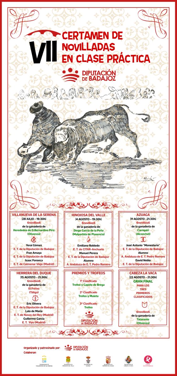 🐂 Estas son las 5 citas del VII Certamen de Novilladas en Clase Práctica de #DipBdjz 👇

📅 28jul 🏠 Villanueva de la Serena
📅 4ago 🏠 Hinojosa del Valle
📅 11ago 🏠 Azuaga
📅 15ago 🏠 Herrera del Duque
📅 22ago 🏠 Cabeza la Vaca (final)