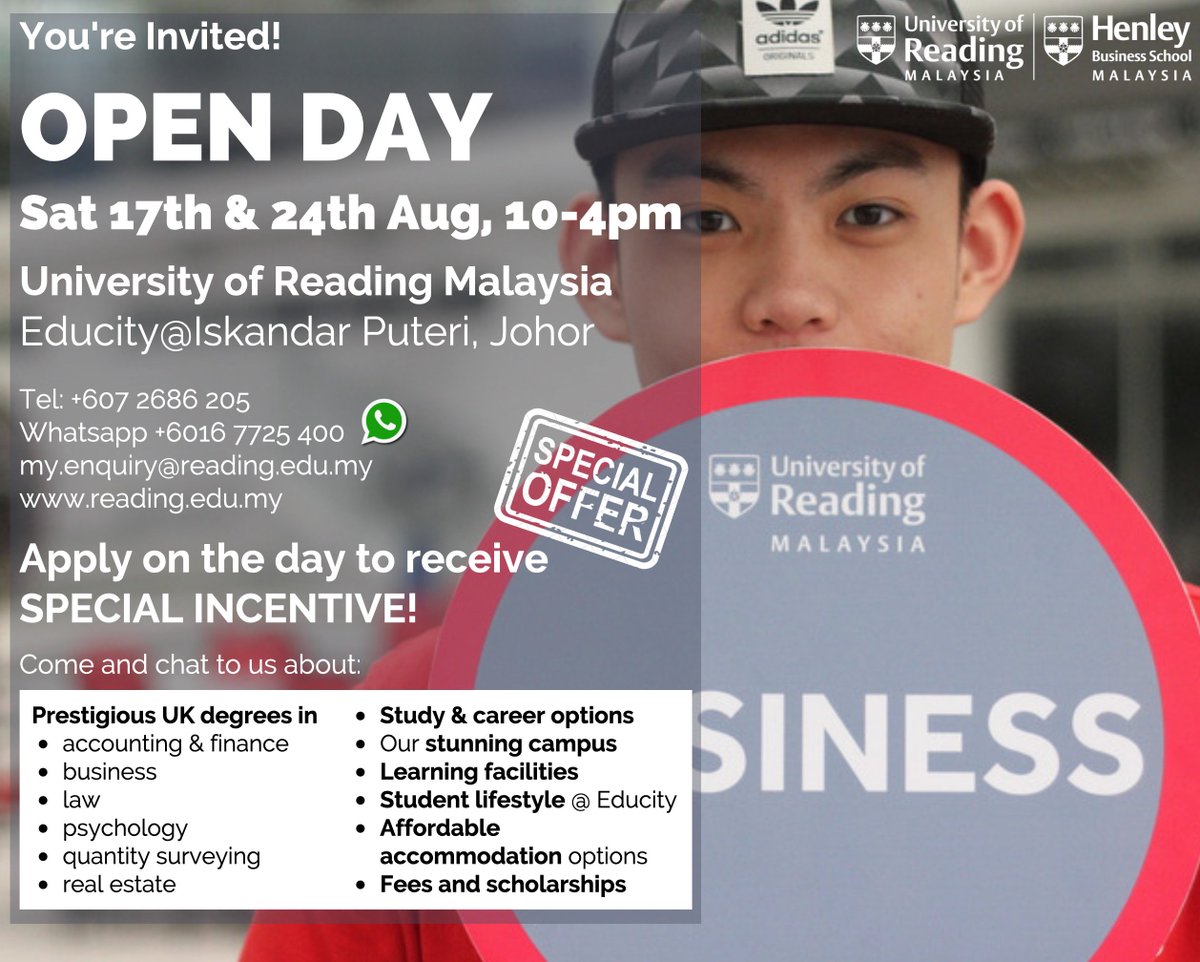 UoRMalaysia's tweet image. The University of Reading Malaysia - youtu.be/YB9u_9G2nUM 
Drop by on OPEN DAY 17th &amp;amp; 24th Aug!
Call +607 2686 205
Whatsapp +6016 7725 400
Email my.enquiry@reading.edu.my
reading.edu.my 
#UoRM #UniofReadingMalaysia #Educity