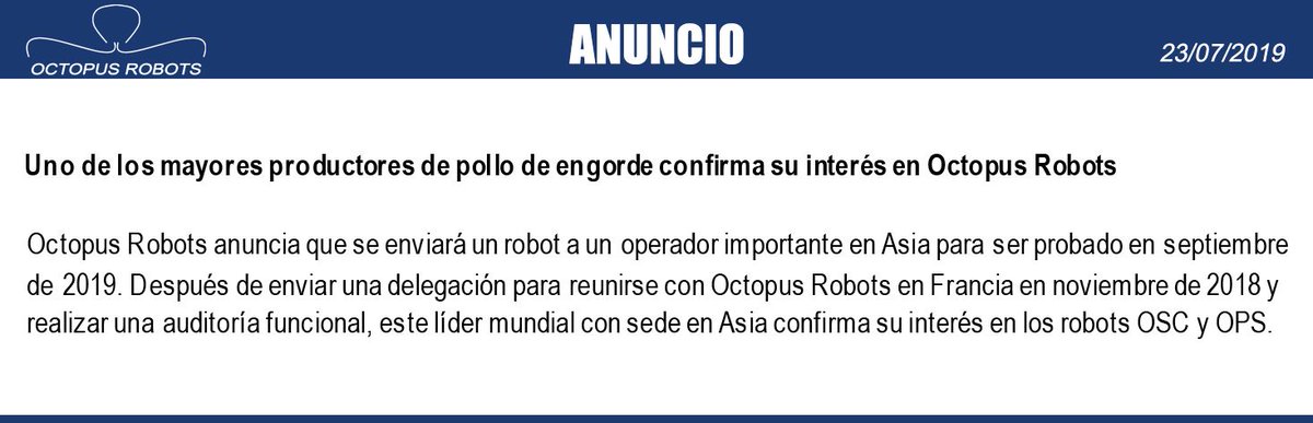 octopusrobotsES's tweet image. [ANUNCIO]
Uno de los mayores productores de pollo de engorde confirma su interés en Octopus Robots...