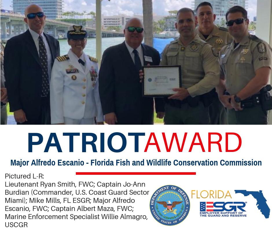 FL_ESGR's tweet image. #PatrioticEmployer Alfredo Escanio of @MyFWC received the @DeptofDefense Patriot Award for his exceptional support of the members of the #GuardReserves employed by the organization. Award requested by Marine Enforcement Specialist Willie Almagro, @USCGReserve - @MyFWClife @ESGR