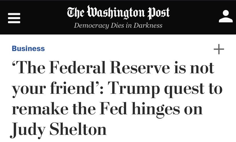story on Shelton from  @byHeatherLong ... with appearance from  @MichaelRStrain  https://www.washingtonpost.com/business/economy/the-federal-reserve-is-not-your-friend-trump-quest-to-remake-the-fed-hinges-on-judy-shelton/2019/07/22/d6440a3e-a35e-11e9-b8c8-75dae2607e60_story.html
