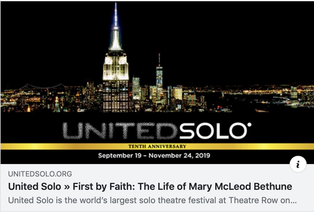dramasmith's tweet photo. First By Faith: The Life Of Mary McLeod Bethune by Richarda Abrams 
Director Dina Vovsi 
Returns #OffBroadway
9/26/19, 7:30pm
10th Anniversary
@unitedsolo
@TheatreRowNYC 
https://t.co/EBk7EMzLzr
#GetYourTix #StrongWoman #PerfomerProducer  #FirstByFaith  #UnitedSolo @nyfacurrent https://t.co/qQxmO6pyus