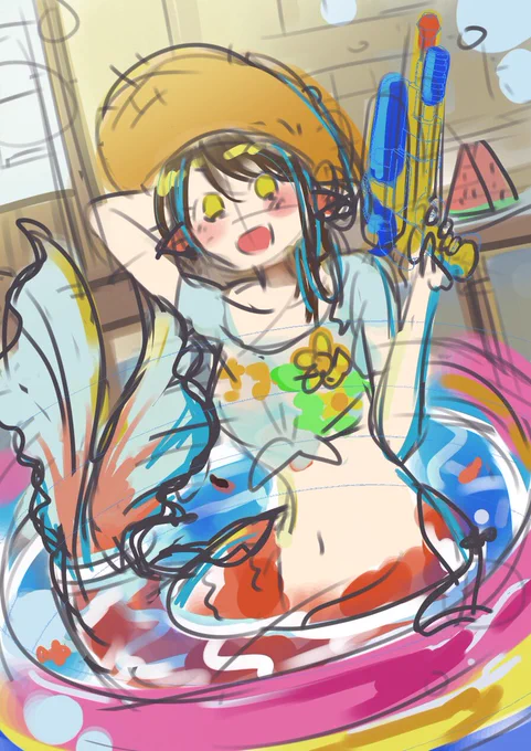 お仕事合間に暑中見舞い絵カキカキ大ラフ→下描き夏は人魚さんを描きたくなります 