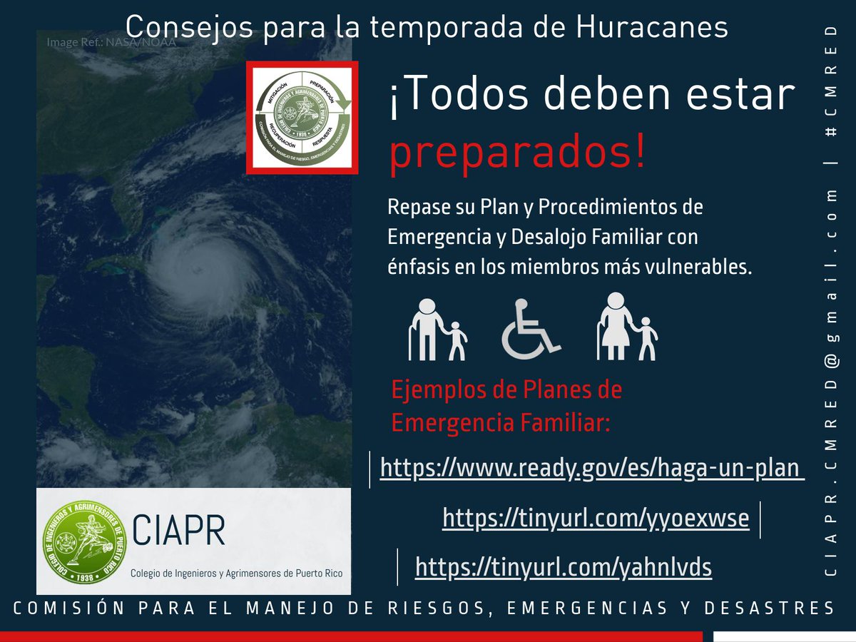 Temporada de Huracanes 2019
¡Todos deben estar preparados!
Repase su plan y procedimientos de emergencia y desalojo familiar. ready.gov/es/haga-un-plan
#CIAPR #CMRED #CIAPRCMRED #TemporadaHuracanes2019 #CIAPRInforma