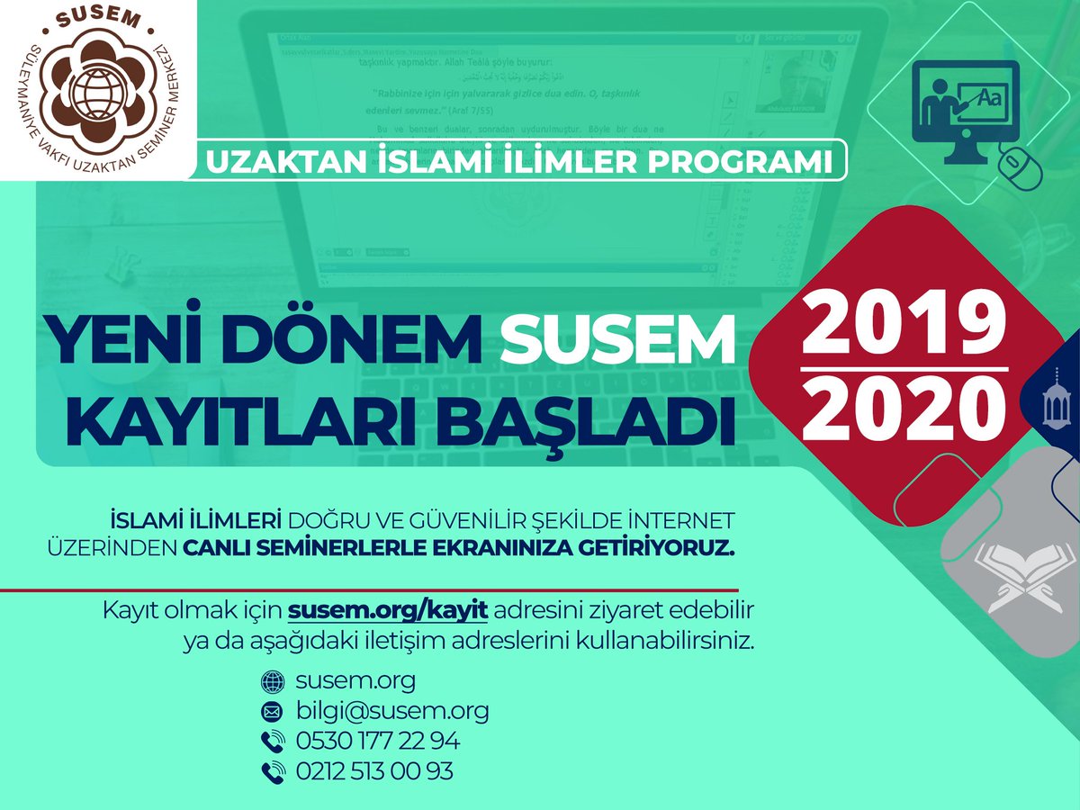 📗 #SUSEM 2019 KAYITLARIMIZ BAŞLADI!
Form doldurun size dönüş yapalım.
Kaydolmak için tıklayın: susem.org/kayit/
SUSEM hakkında daha fazla bilgi için: susem.org
Süleymaniye Vakfı Uzaktan Seminer Merkezi <a href="/suleymaniye_vkf/">Süleymaniye Vakfı</a> #eğitim
#kuran #ilahiyat #seminer #kurs