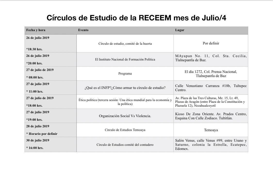RECEEM2's tweet photo. Les compartimos nuestra calendarización de los Círculos de Estudio de la #RECEEM en las primeras semanas del mes de julio. https://t.co/dOSbDPCuDR