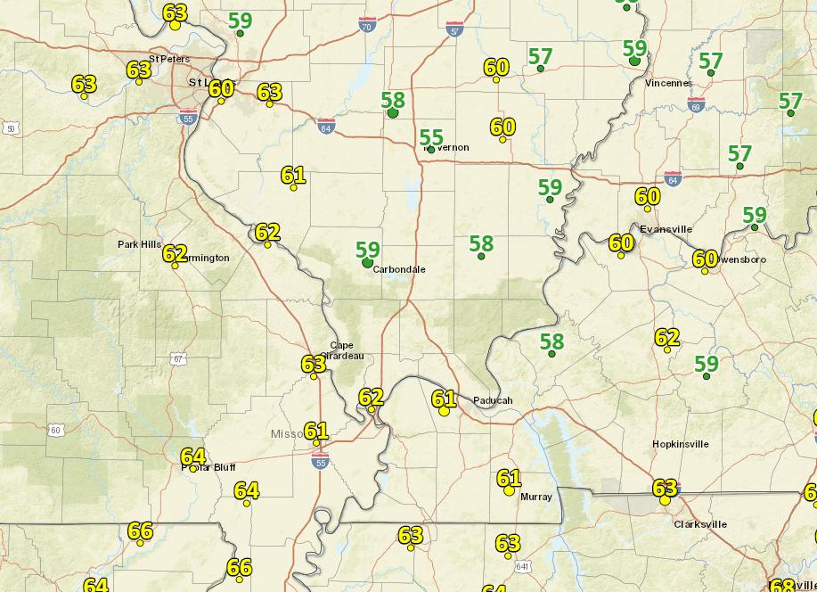 NWSPaducah's tweet photo. Did you enjoy the refreshing change to the temperatures this morning? Lows dipped into the 50s in several locations. Compare that to the heat index readings observed on Sunday, and it felt 40 to 50 degrees cooler than 40 hours ago. #WelcomeRelief https://t.co/GrDqd2r70R