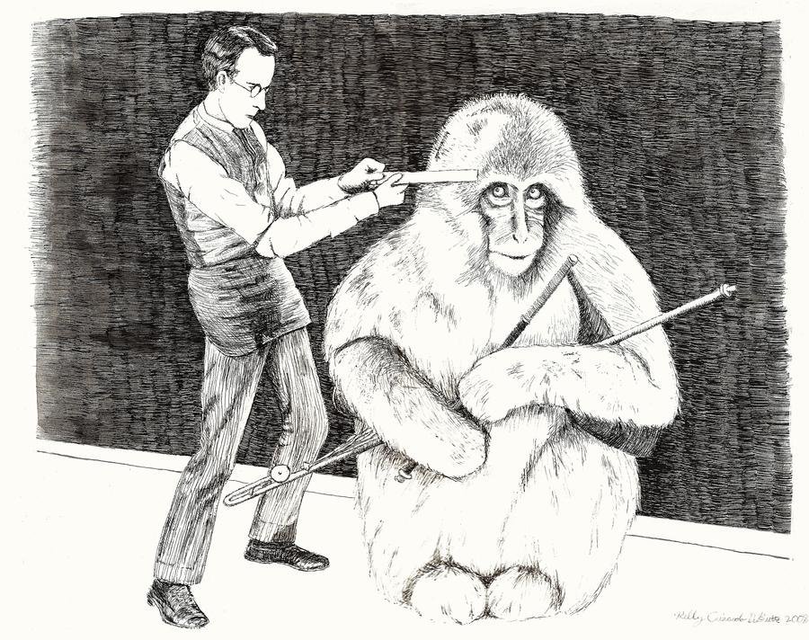 ink drawing of a taylor measuring a snow monkey who happens to be playing the uilleann pipes
