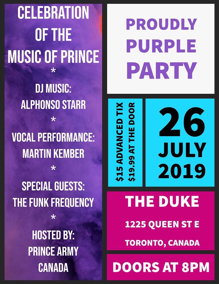 funkfrequency's tweet image. CELEBRATING THE MUSIC OF PRINCE at the Proudly Purple Party!!
FRIDAY, JULY 26 @ The Duke Live (1225 Queen Street EAST, Toronto) Hosted by Purple Army Canada
The Funk Frequency with our American FuNkY Friends: DJ Alphonso Starr &amp;amp; Martin Kember!