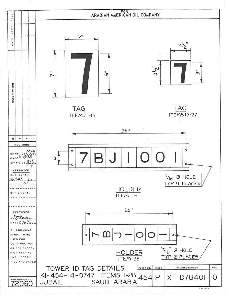 This is an oldie but goodie. We make the Tech-3D Embossed Metal Transmission Tower tags for many utilities and pipelines around the globe. Here is a spec of our product (still #MadeinNYC) from 1978 being used in Saudi Arabia for the Arabian American Oil Company <a href="/Saudi_Aramco/">أرامكو</a>