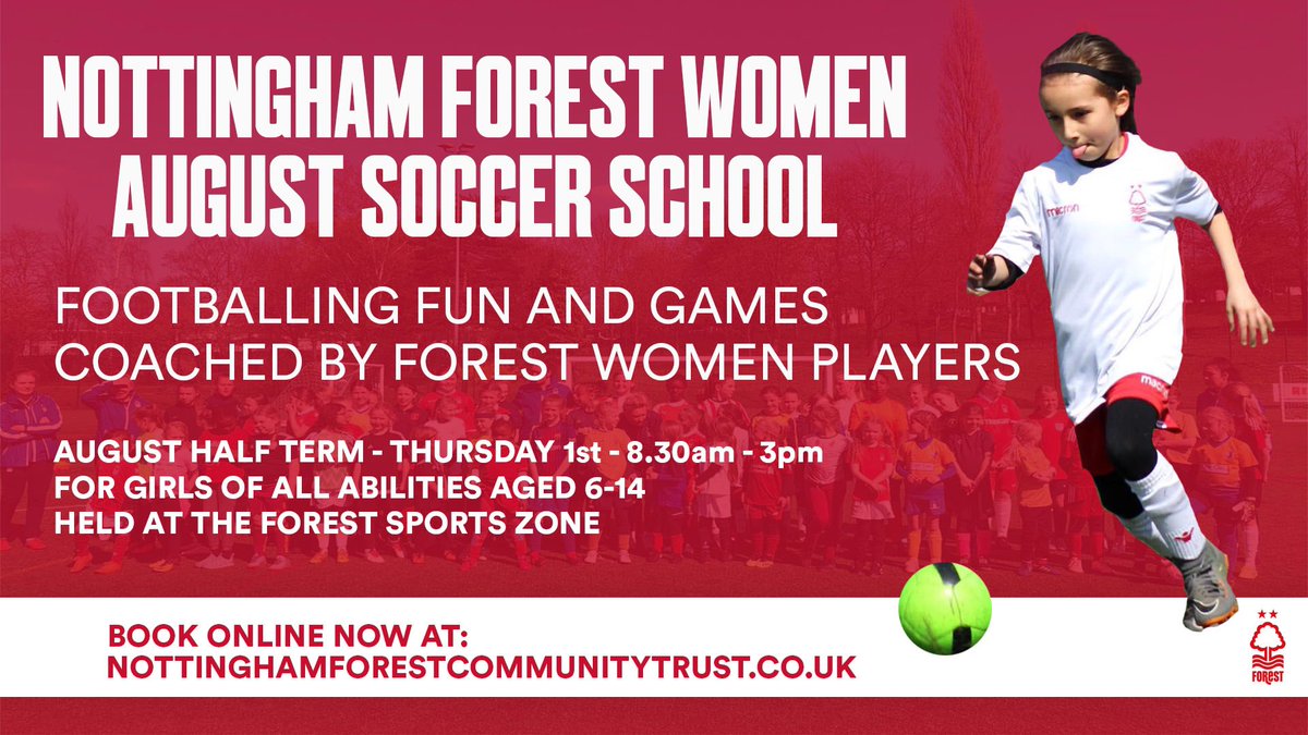 Our popular #ForestWomen soccer school is back again this summer 🤩

Book online here now 👉 nottinghamforestcommunitytrust.co.uk/events/

#NFFC #WeAreNational