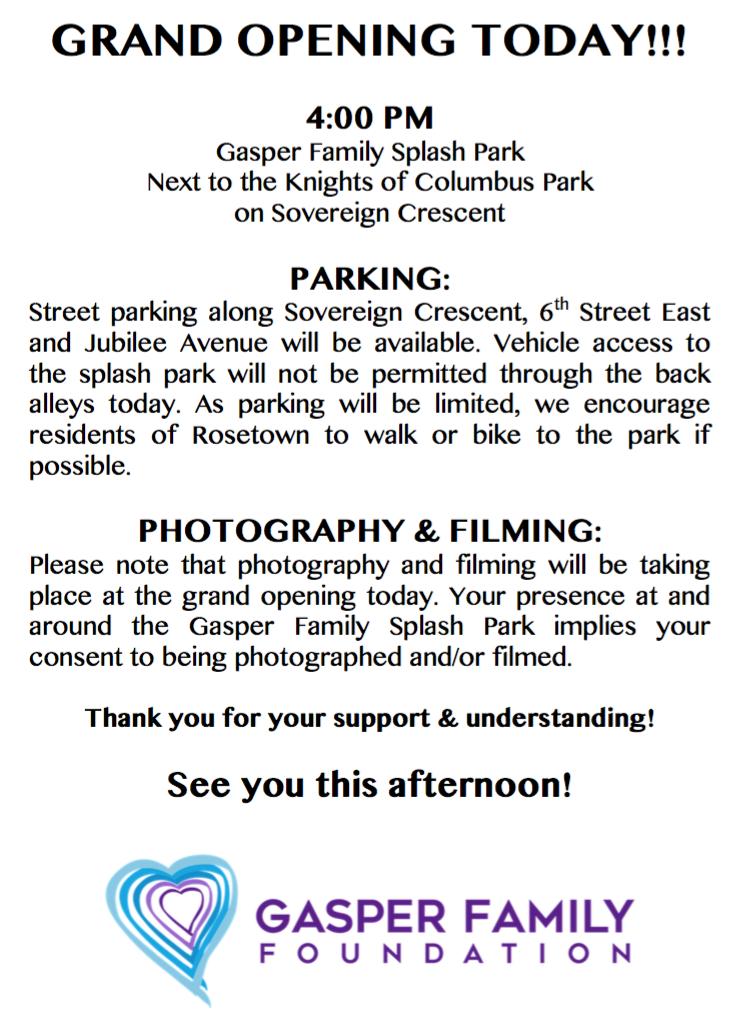 GRAND OPENING TODAY!!!

4:00 PM 
Gasper Family Splash Park
Next to the Knights of Columbus Park on Sovereign Crescent

See you there!!!