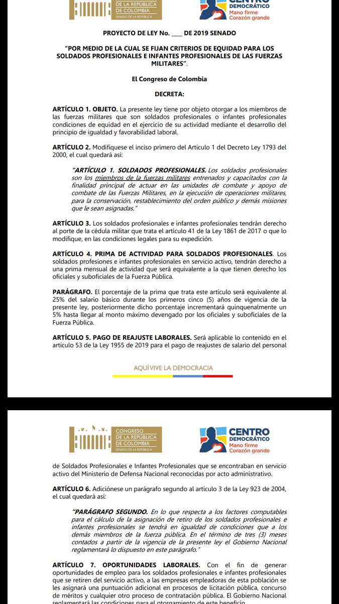 Dios permite se lleve acabó este proyecto de ley, agradecemos a él Senador <a href="/FNAraujoR/">Fernando Nicolás Araújo</a> el cual es el ponente,  y a toda la <a href="/ComisionSegunda/">Comisión Segunda del Senado de la República</a>  para que se le dé el trámite correspondiente, los #SoldadosProfesionales merecen está prima de actividad militar, #PatriaHonorLealtad